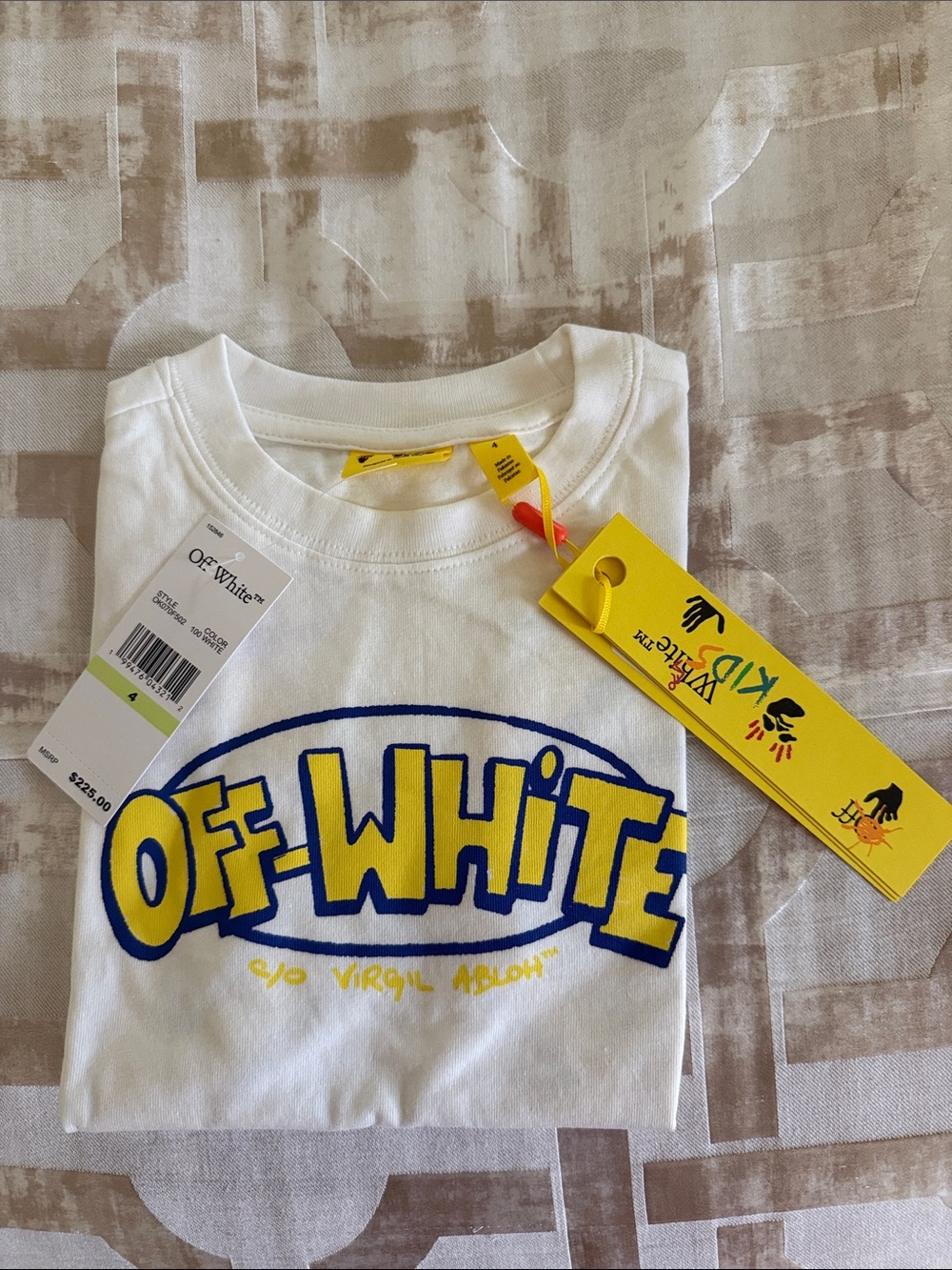 Off-White Kids White T-Shirt with Yellow and Blue Logo